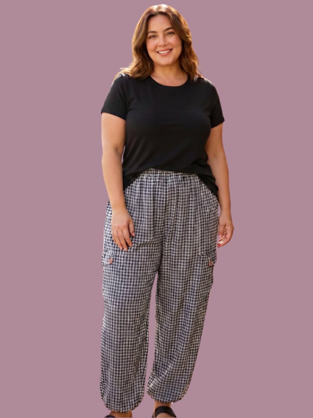 Made in Italy Viscose Gingham Barrel Pants - Black - Fits up to Size 2X